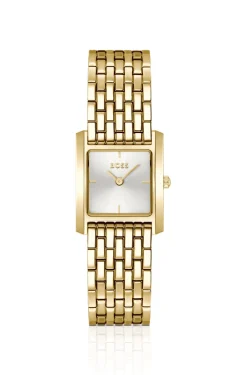 Goldfarbene Uhr mit quadratischem Gehäuse