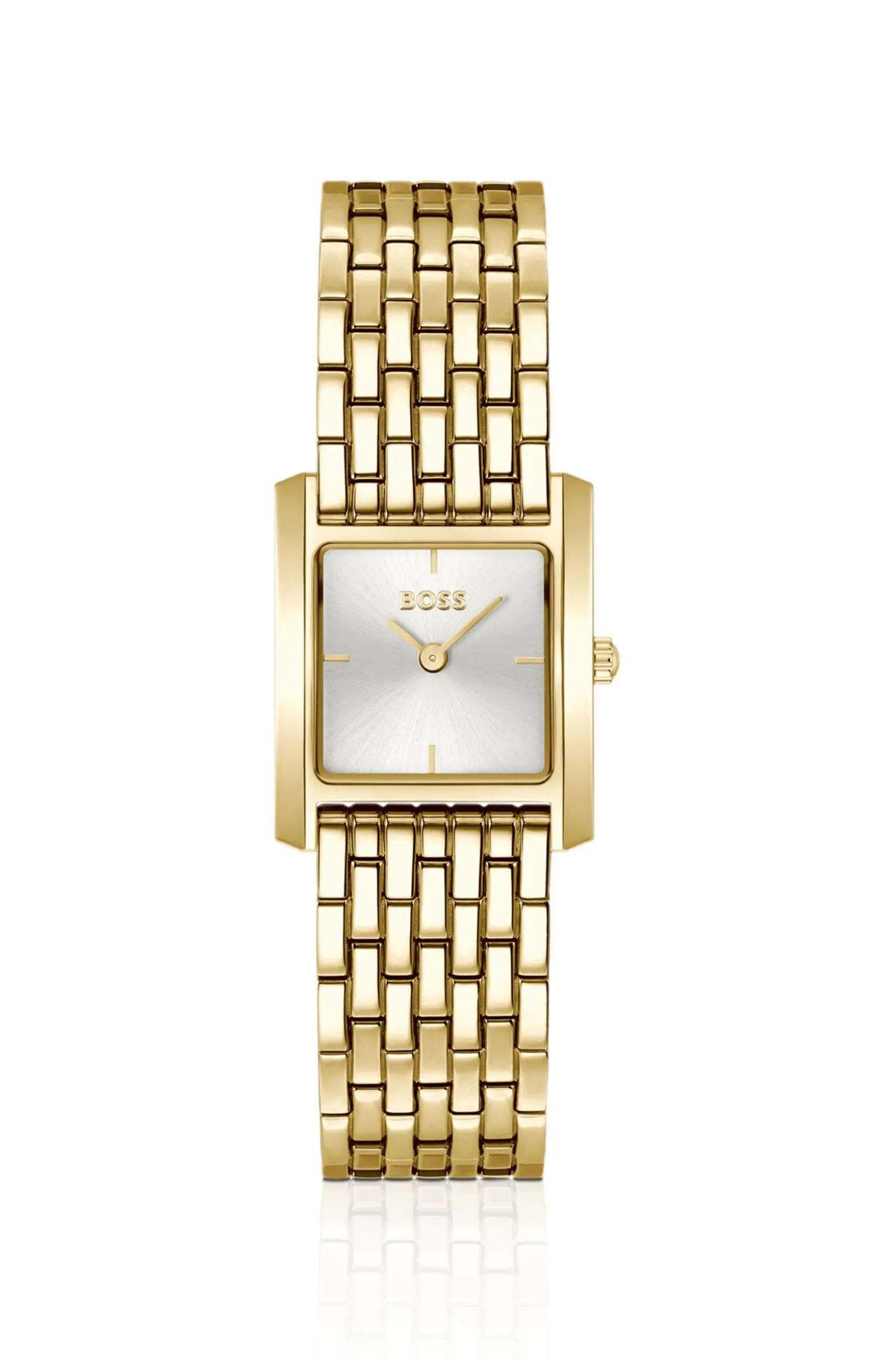 Goldfarbene Uhr mit quadratischem Gehäuse