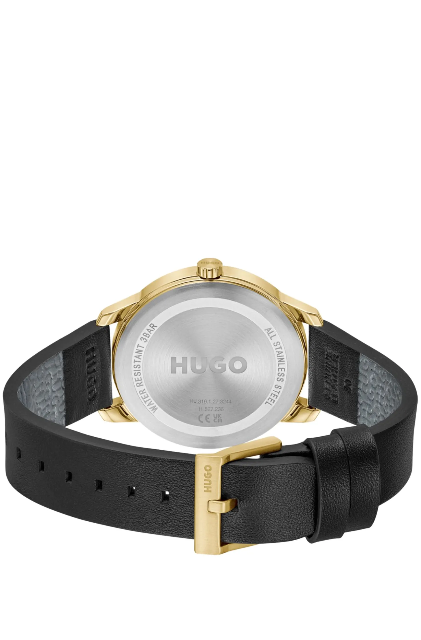 Goldfarbene Uhr mit schwarzem Lederarmband