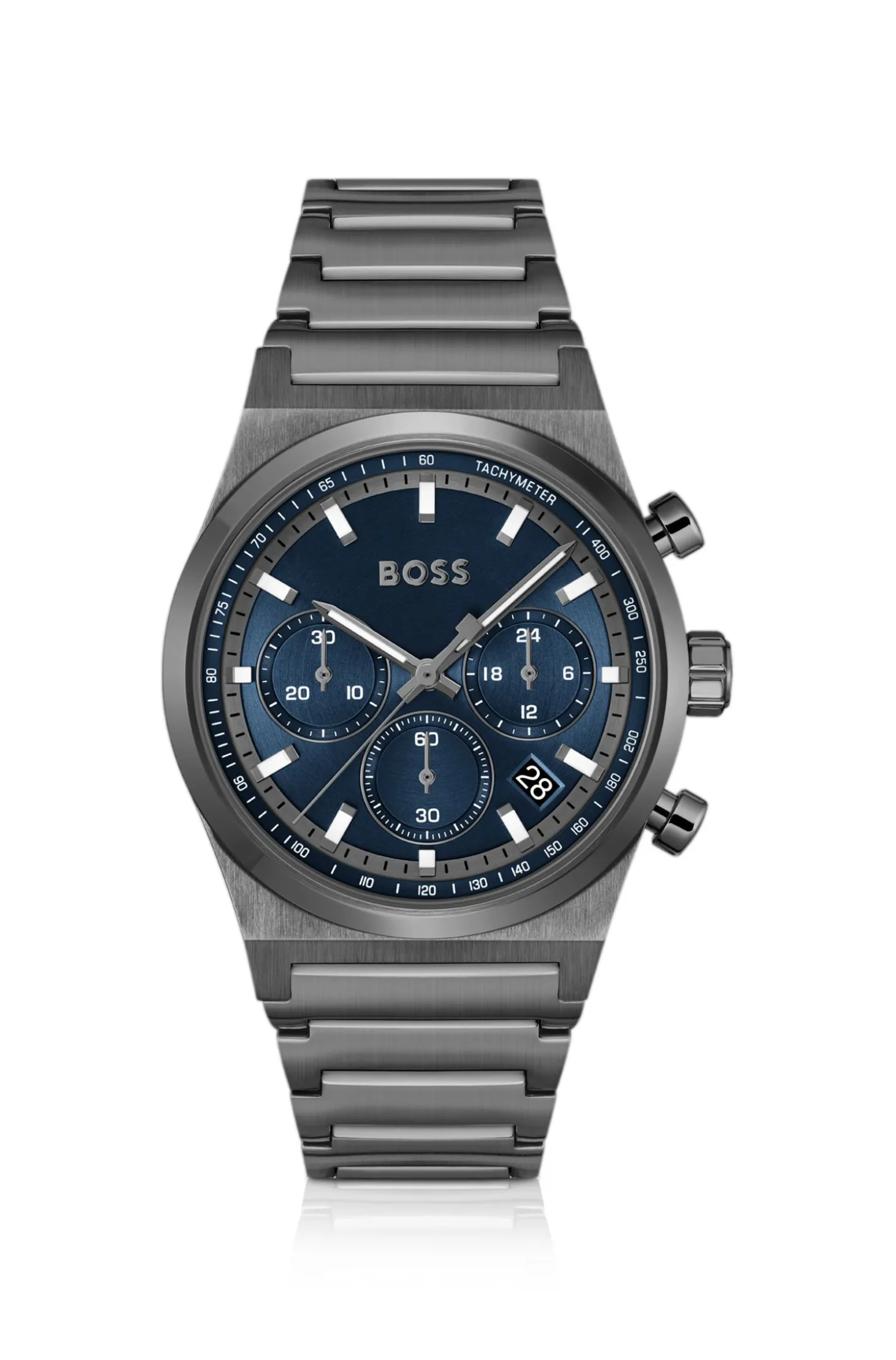 Grau beschichteter Chronograph mit blauem Zifferblatt