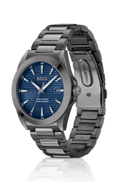 Grau beschichtete Uhr mit blauem geriffeltem Zifferblatt