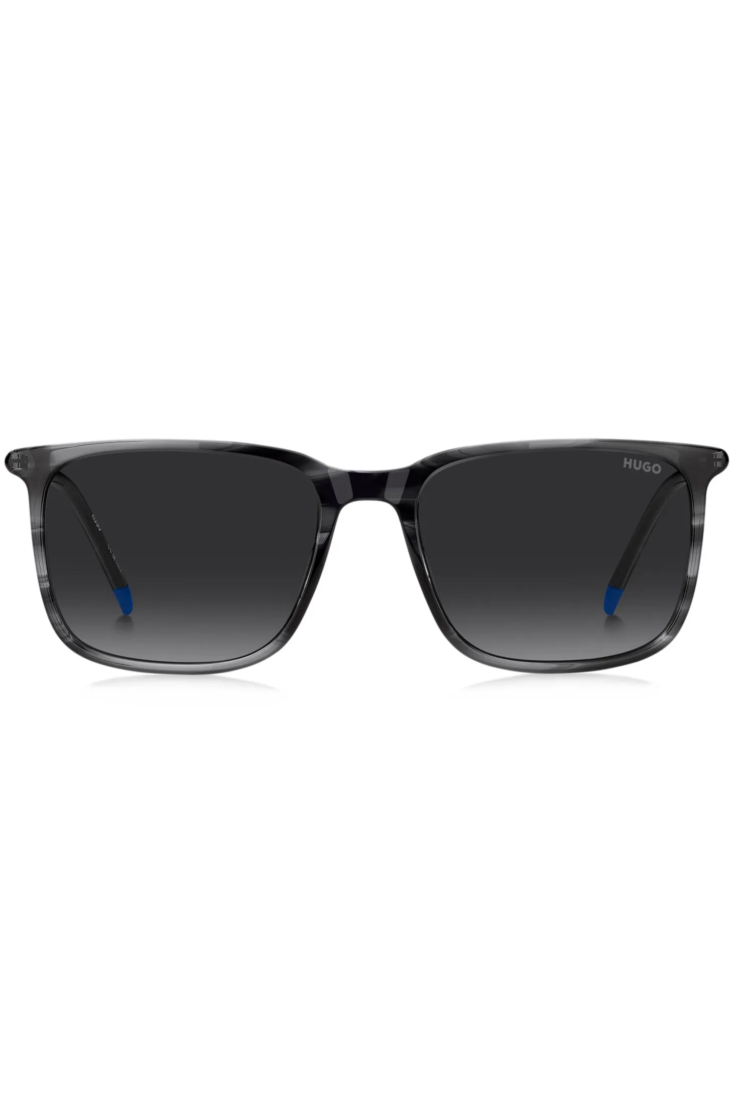 Graue Sonnenbrille aus gemustertem Acetat mit röhrenförmigen Metallbügeln