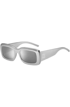 Graue Sonnenbrille mit Stack-Logo an den Bügeln
