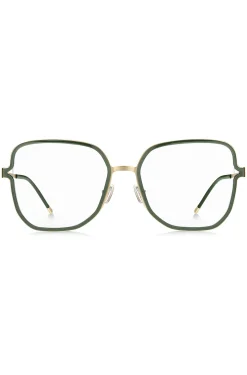 Grüne Brillenfassung mit geteilten Bügeln und Logo-Kette