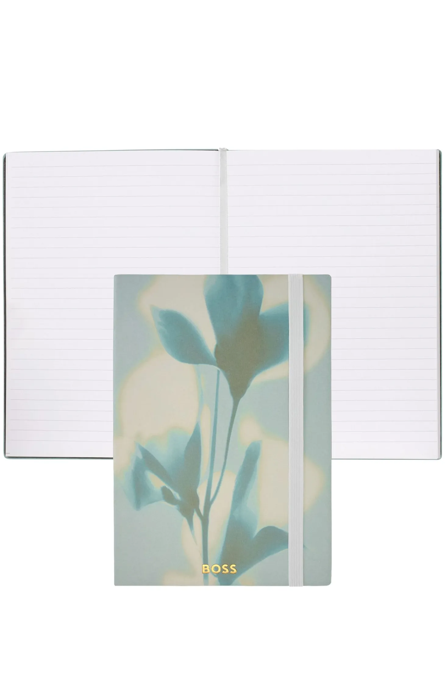 Grünes DIN-A5-Notizbuch mit Blumen-Print und Folien-Logo