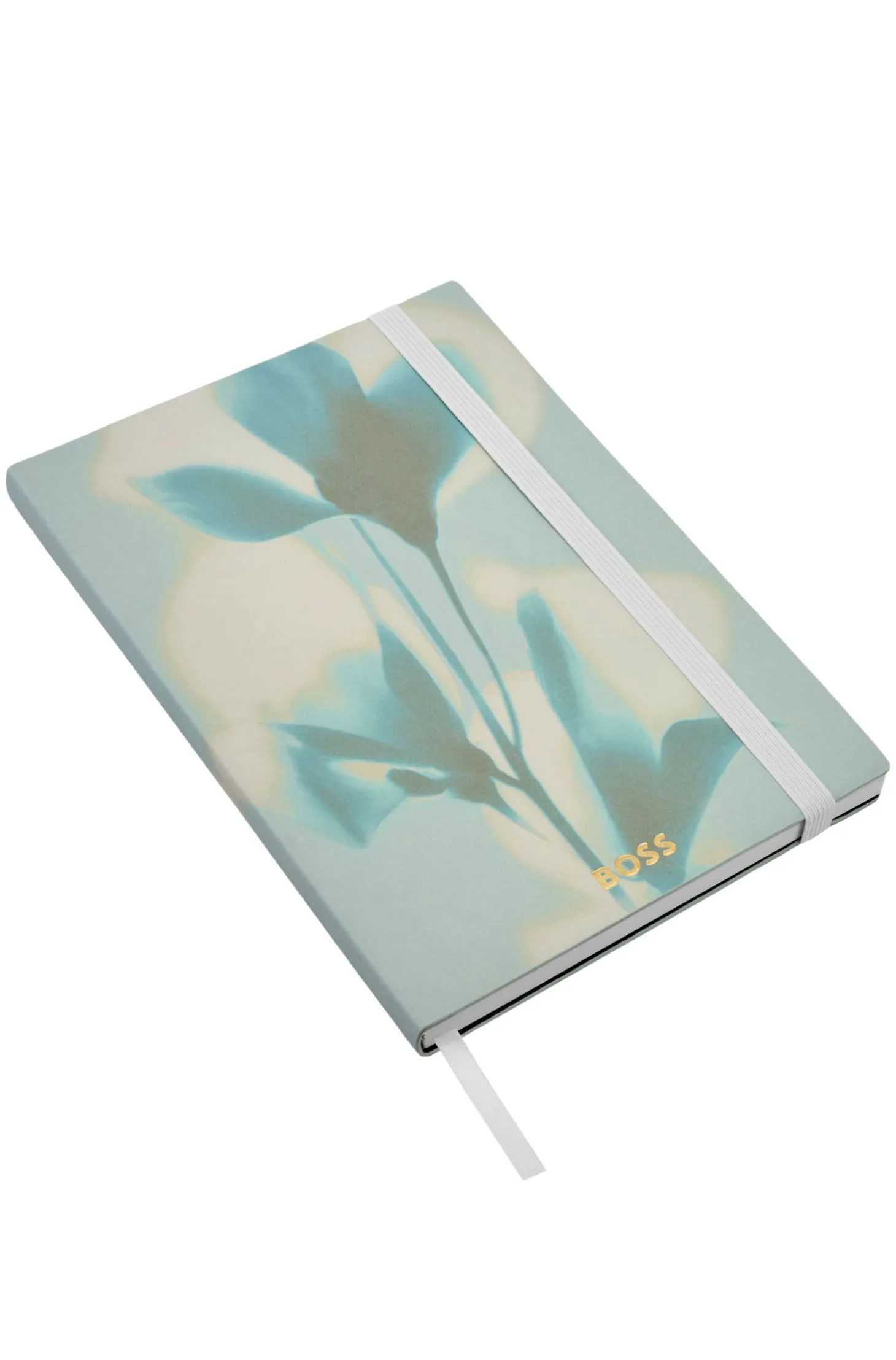 Grünes DIN-A5-Notizbuch mit Blumen-Print und Folien-Logo