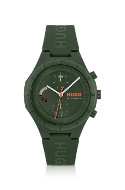 Grüne Uhr mit Logos auf dem Silikonarmband