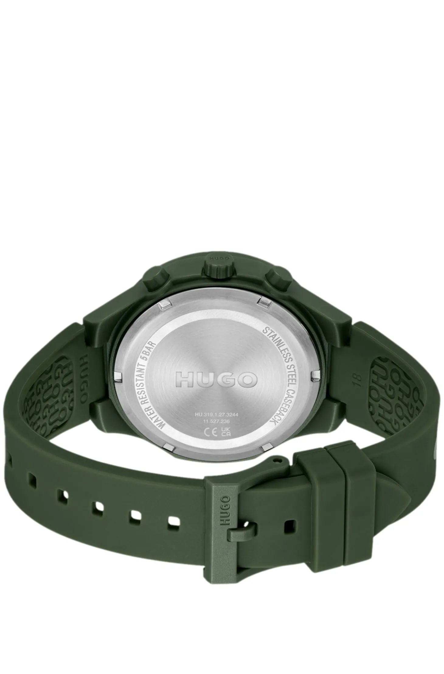 Grüne Uhr mit Logos auf dem Silikonarmband