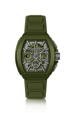 Grüne Uhr mit skelettiertem Zifferblatt und Silikonarmband