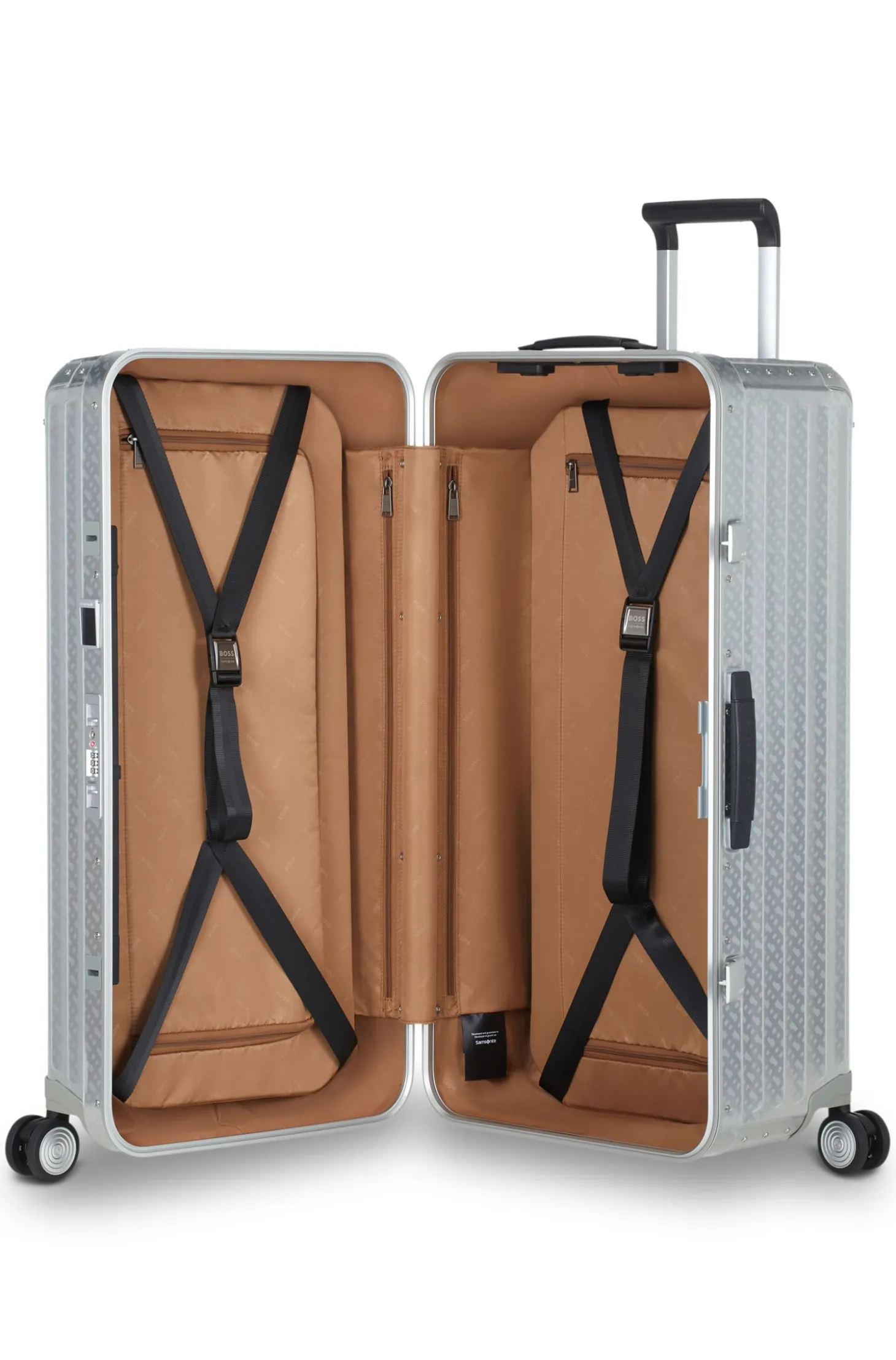 Großer BOSS x Samsonite Koffer aus silberfarbenem Aluminium 80 cm