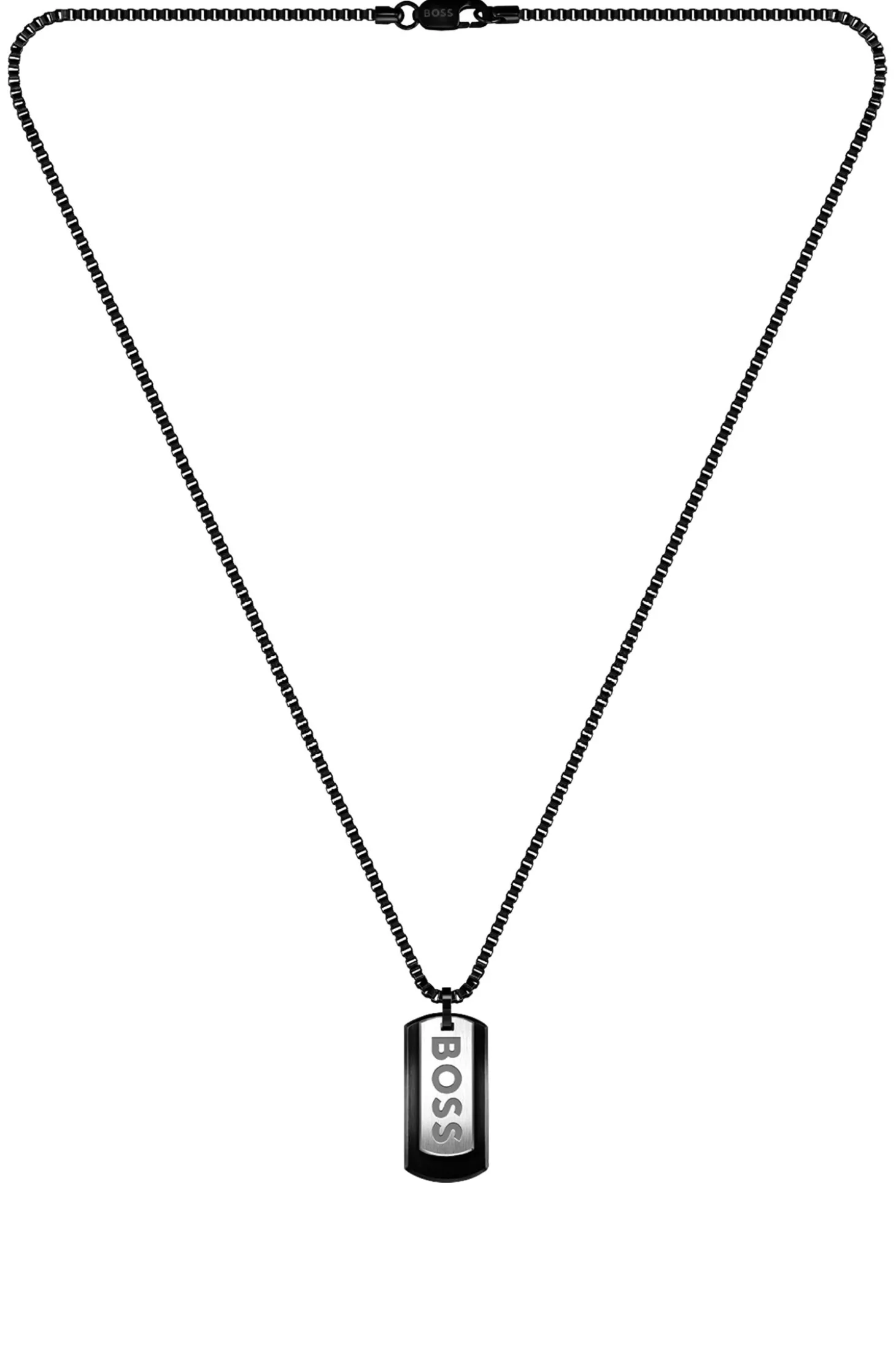 Halskette aus schwarzem Edelstahl mit zwei Logo-Tags