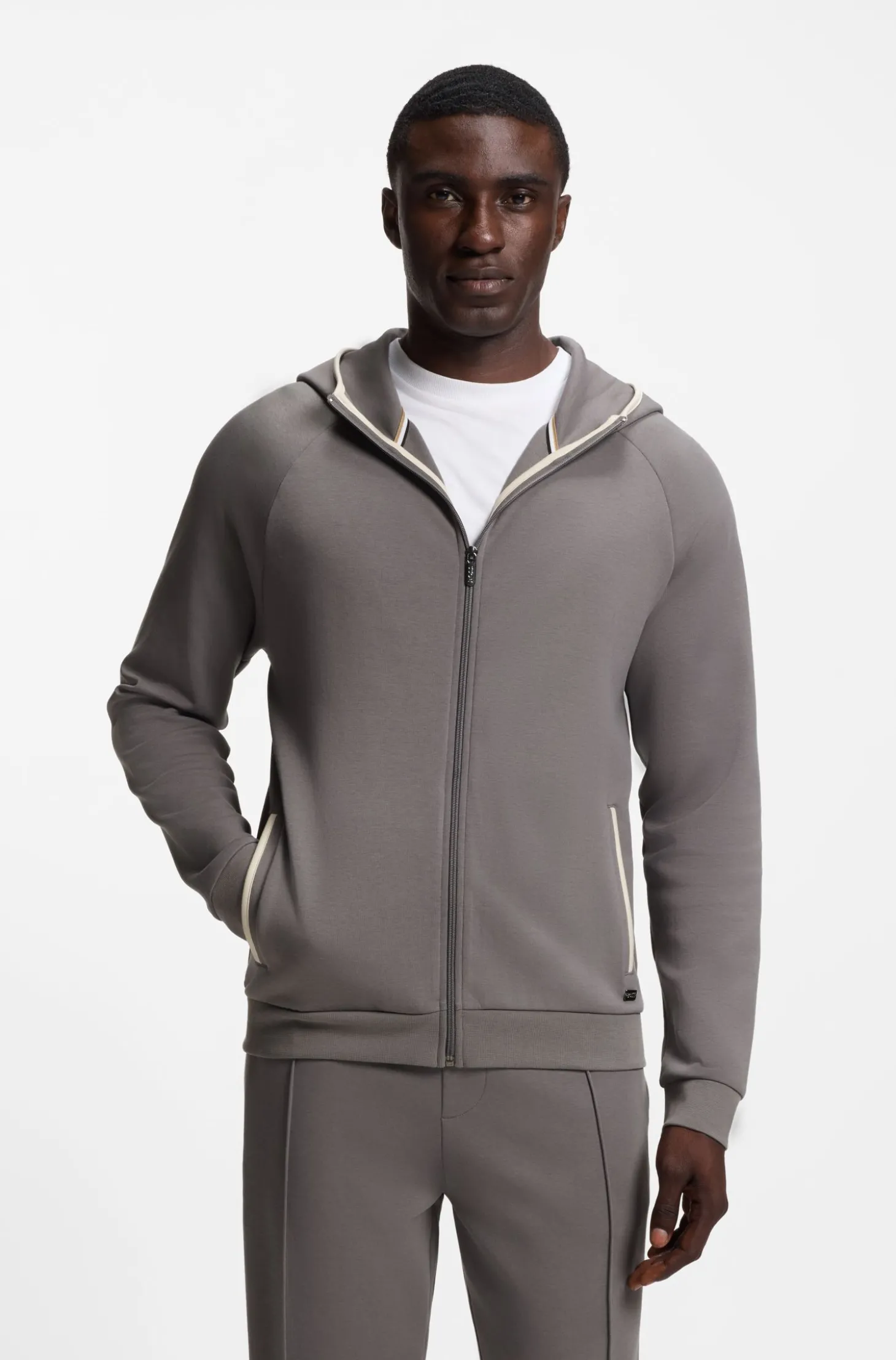 Hoodie aus Baumwoll-Mix mit Reißverschluss und Kontrast-Einfassung