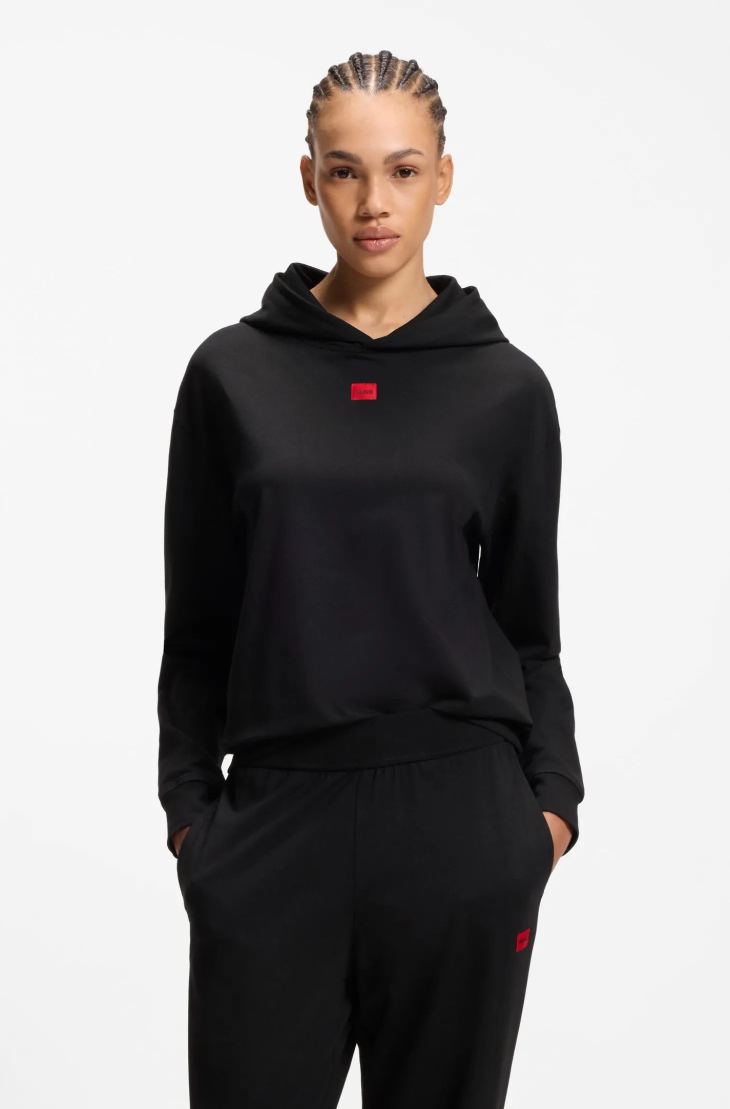 Hoodie aus Stretch-Jersey mit rotem Logo-Label