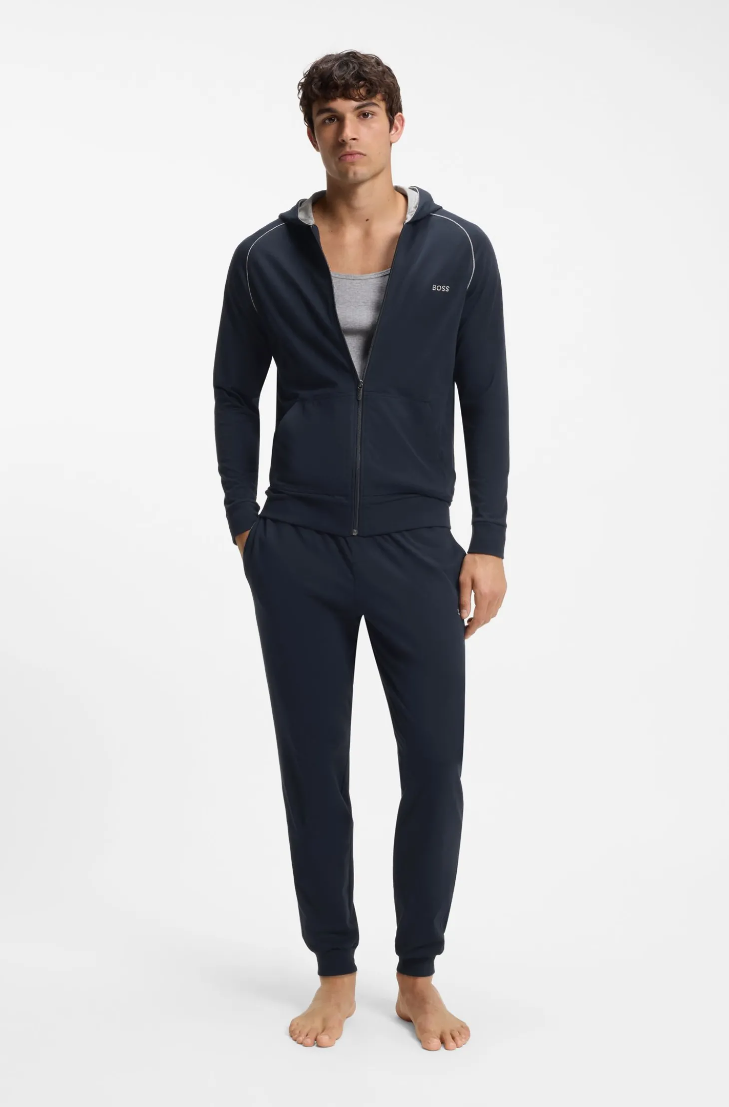 Hoodie mit Reißverschluss aus Stretch-Baumwolle mit Kontrastpaspeln