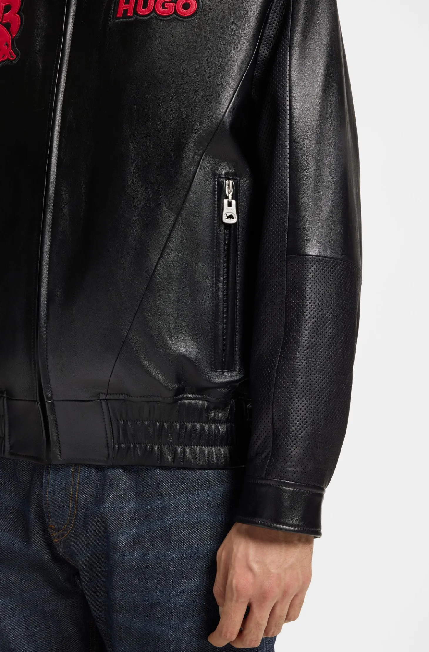 HUGO x RB Lederjacke mit Stier-Motiven