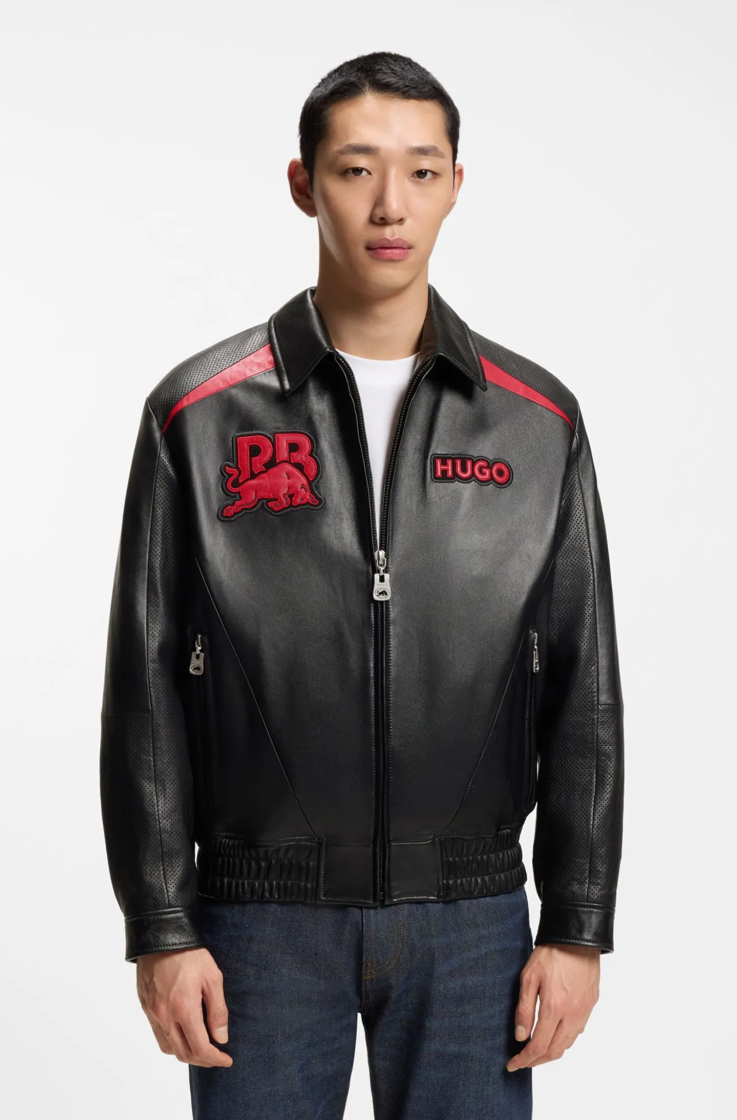 HUGO x RB Lederjacke mit Stier-Motiven