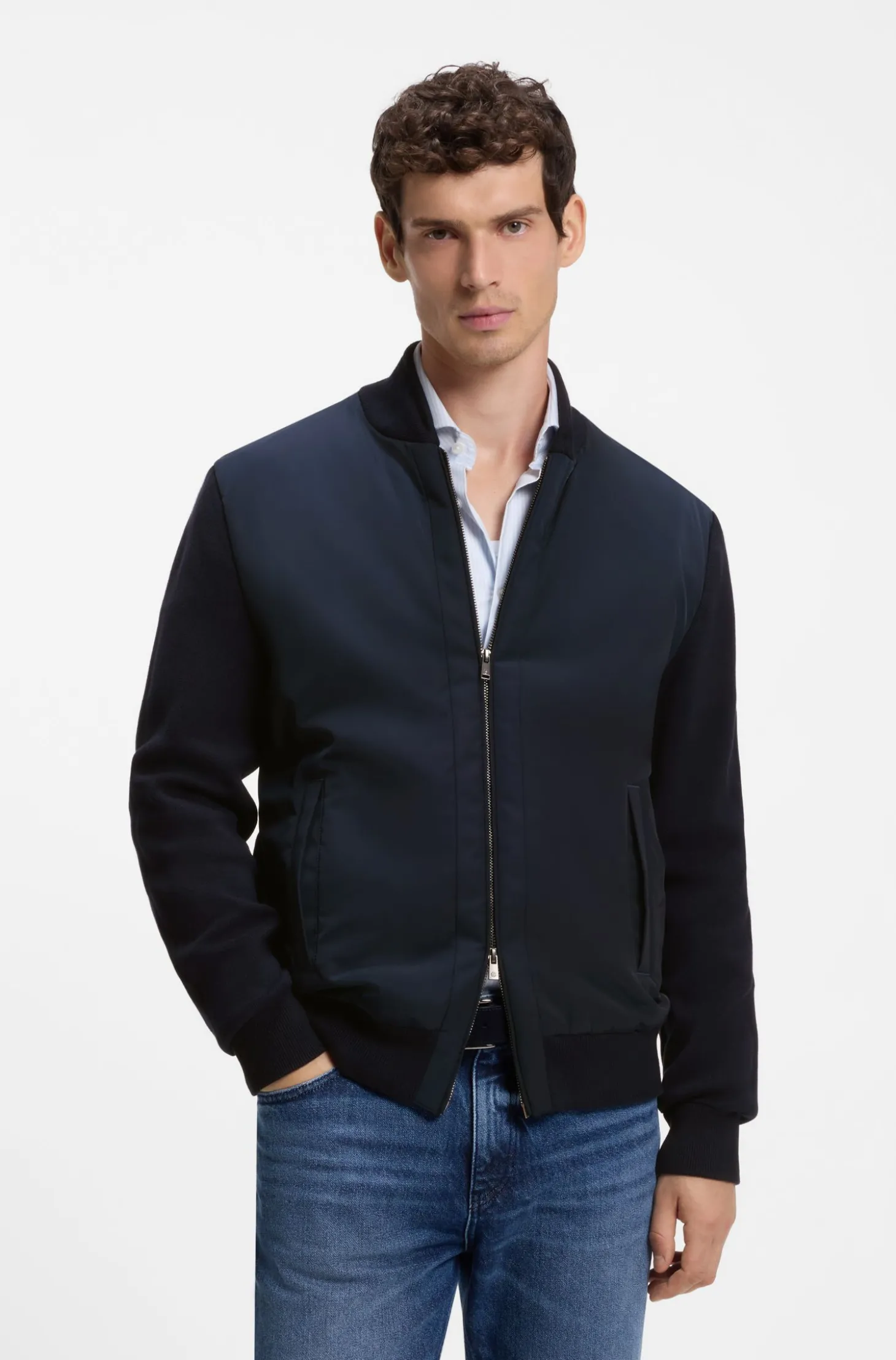 Hybrid-Jacke aus Baumwoll-Strick mit Bomberkragen