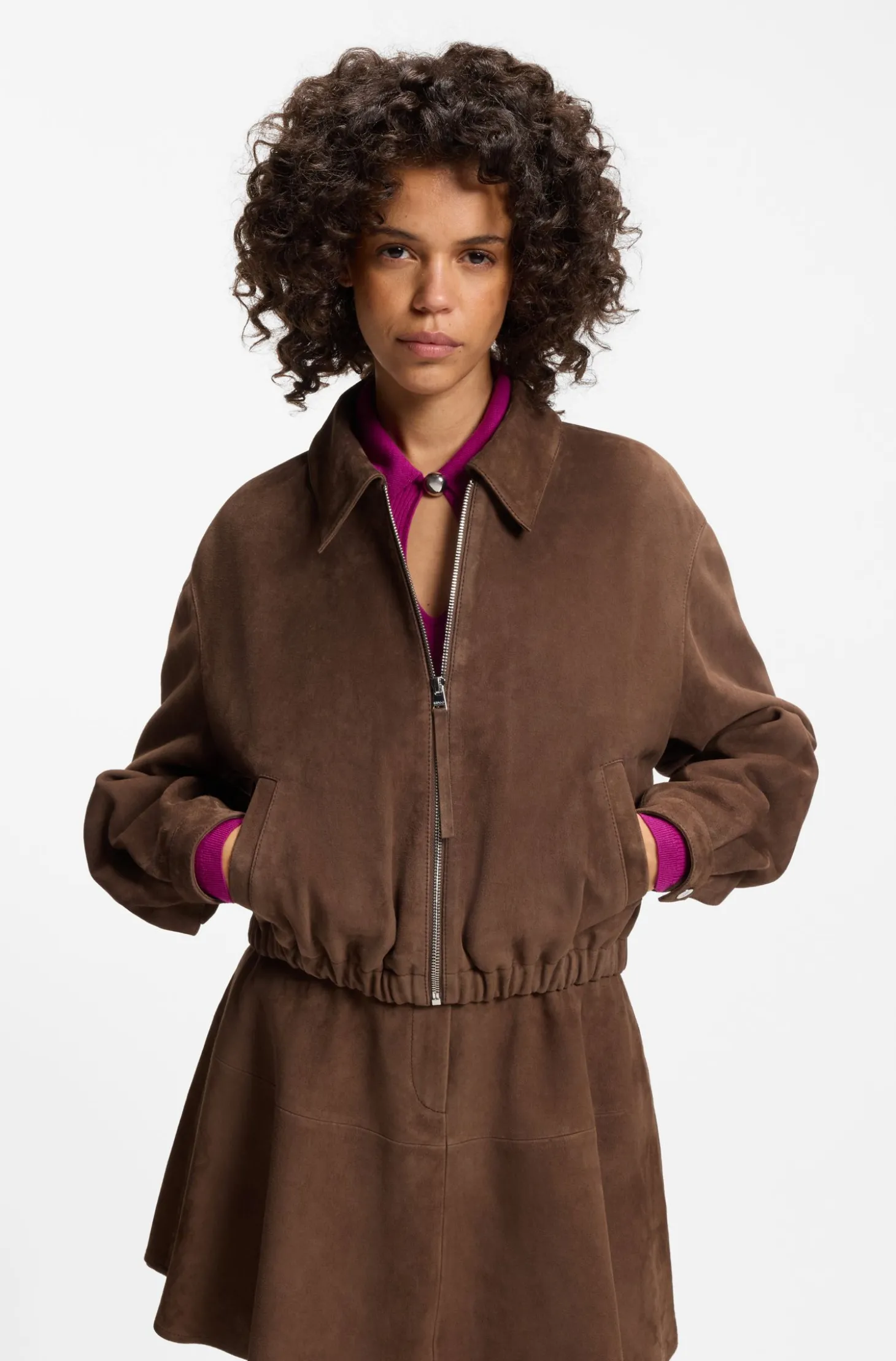 Jacke aus Veloursleder mit gerafftem Saum