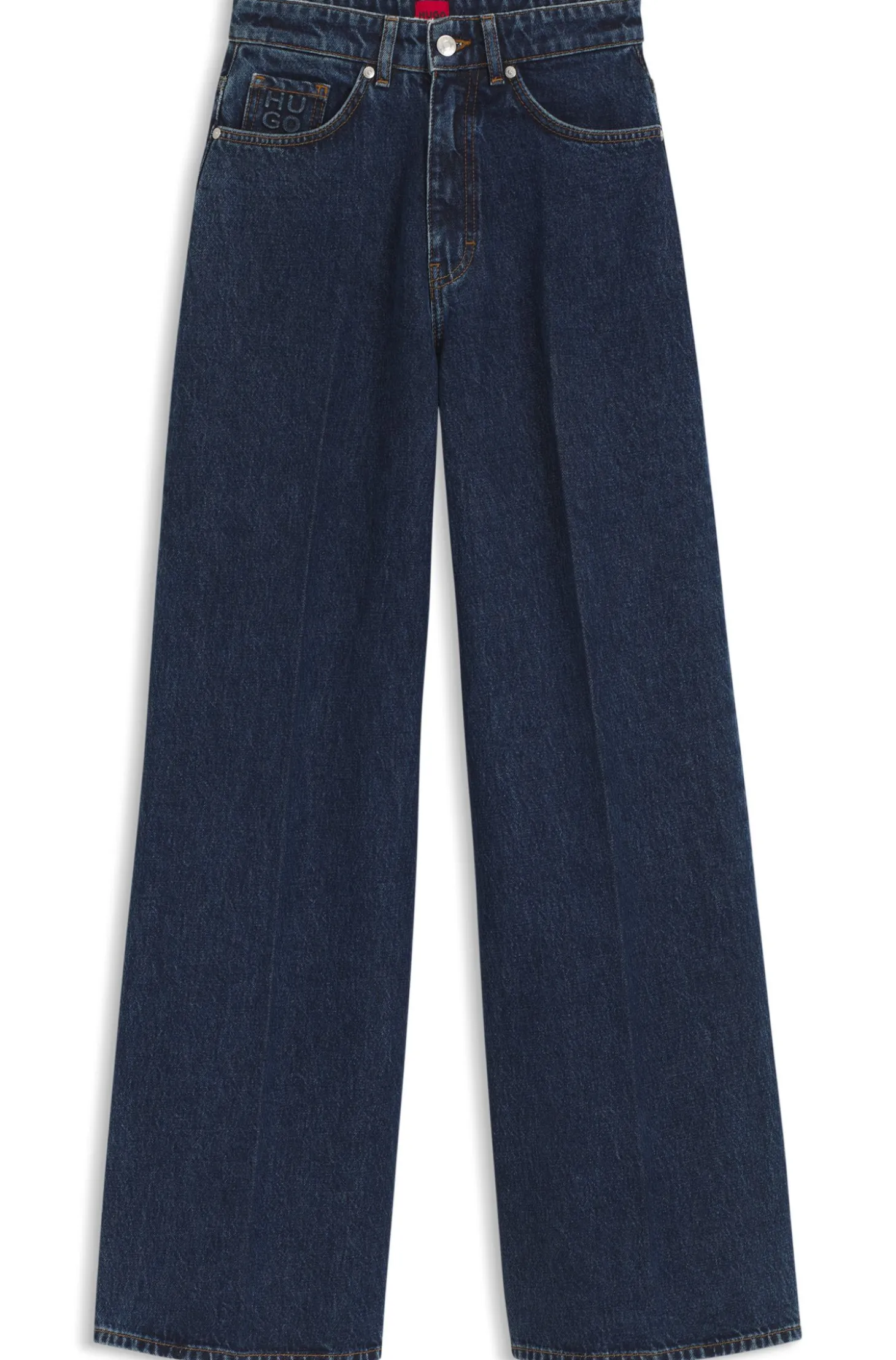 Jeans aus blauem Denim mit weitem Beinverlauf und Bundfalten auf der Vorderseite