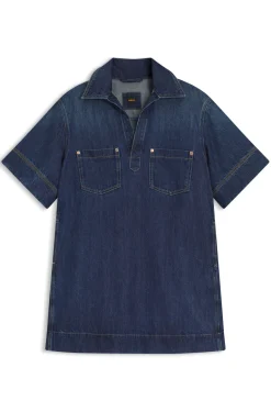 Kleid aus blauem Denim mit Johnny-Kragen