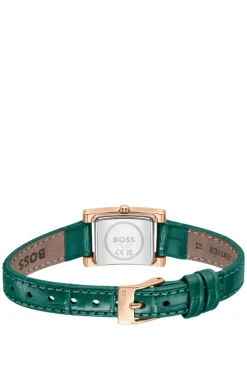 Kristallverzierte Uhr mit grünem Zifferblatt und grünem Lederarmband