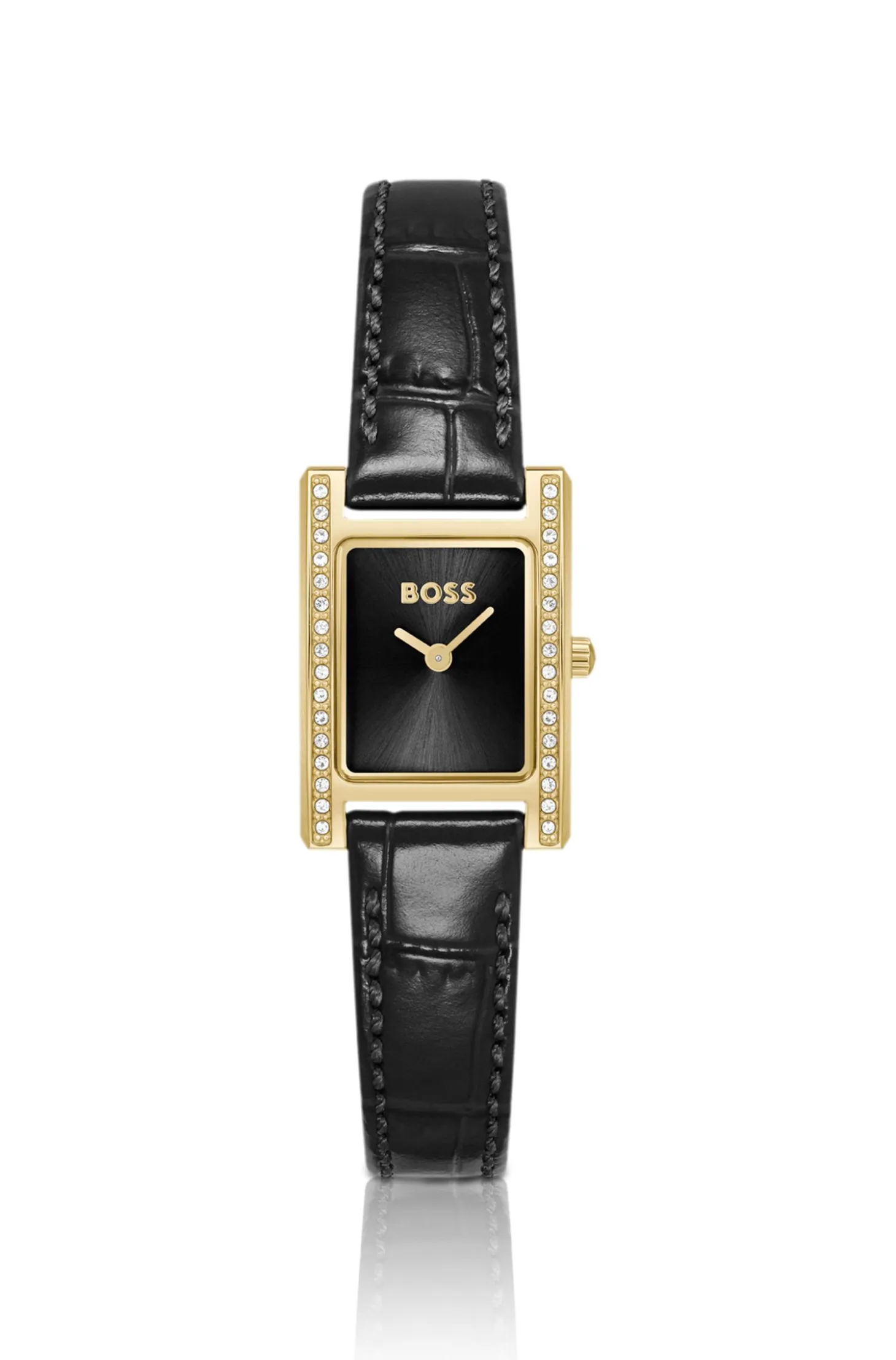 Kristallverzierte Uhr mit schwarzem Zifferblatt und passendem Lederarmband