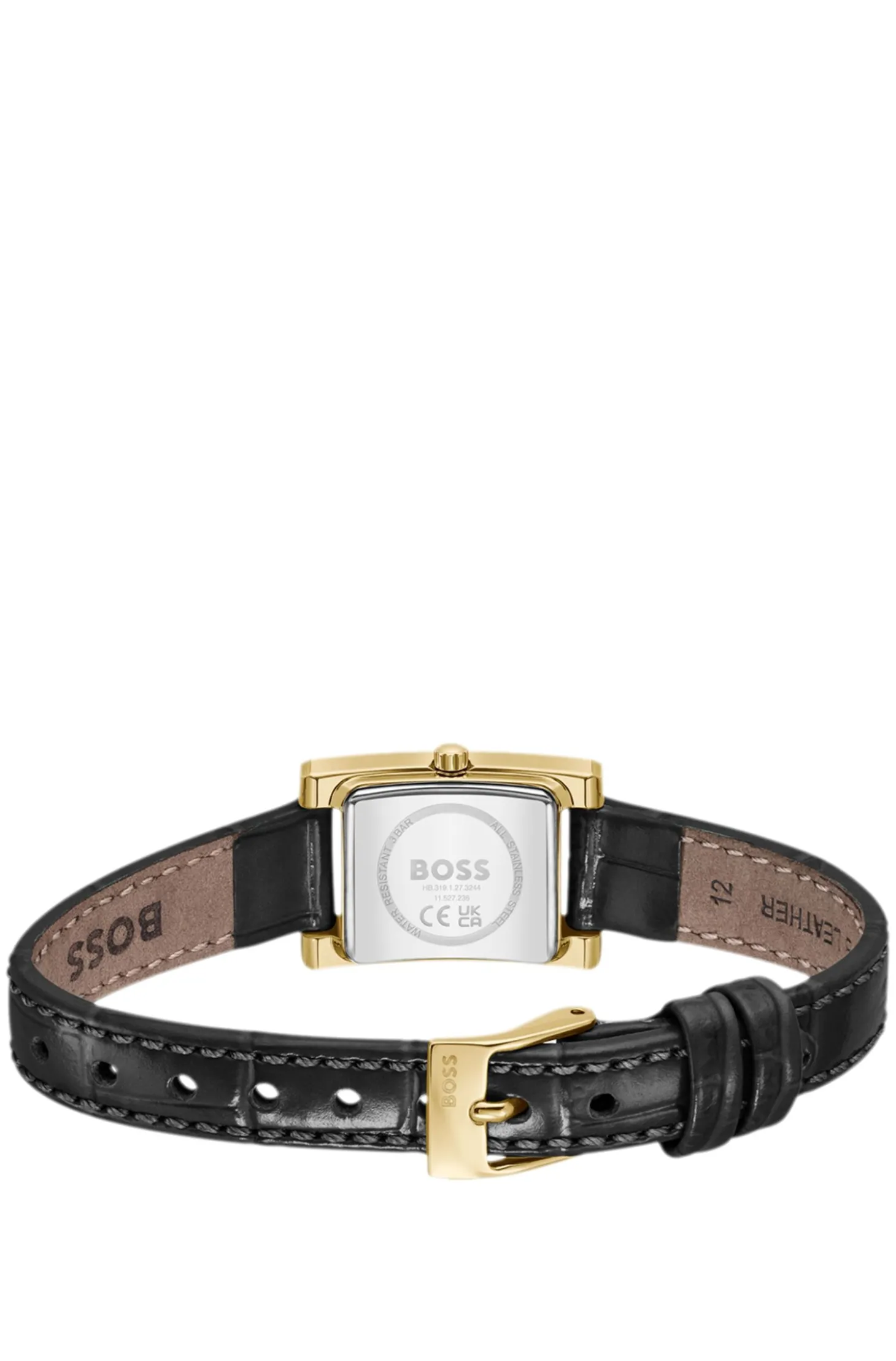 Kristallverzierte Uhr mit schwarzem Zifferblatt und passendem Lederarmband