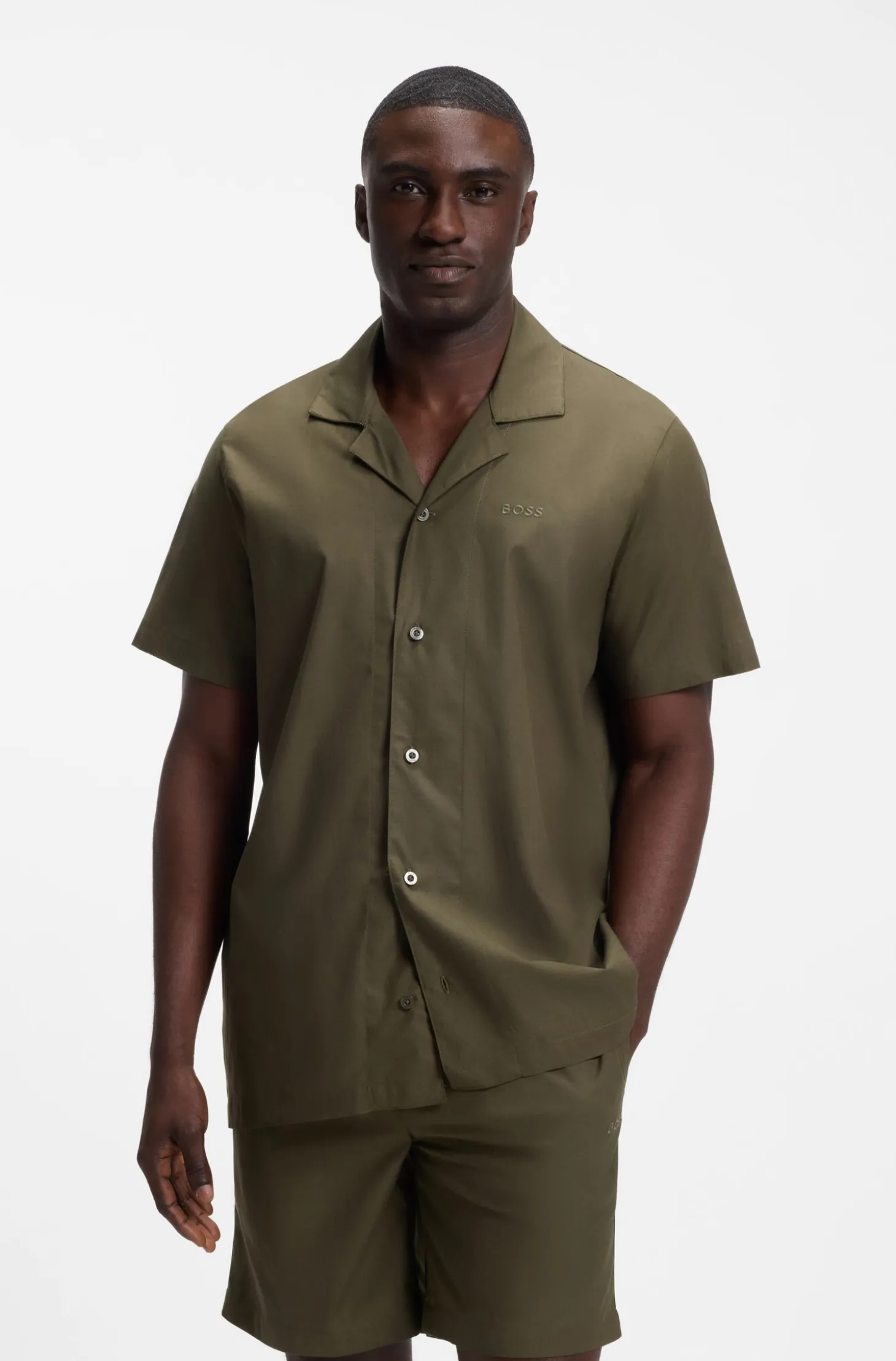 Kurzes Regular-Fit Pyjama-Set aus Stretch-Popeline