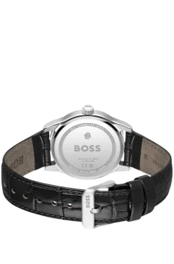 Langford Uhr mit schwarzem Zifferblatt und Lederarmband mit Kroko-Prägung