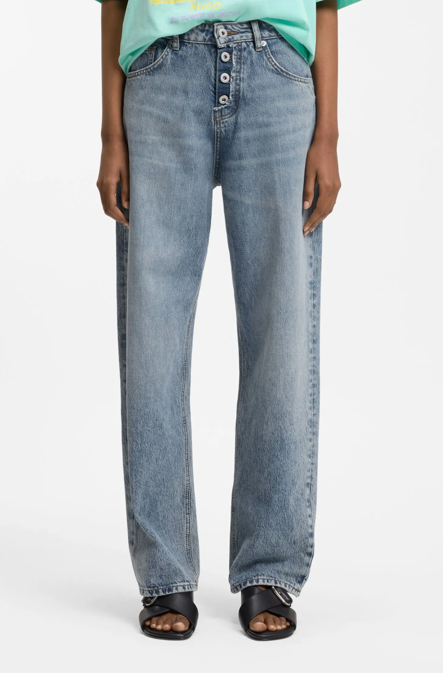 Loose-Fit Jeans aus blauem Denim mit sichtbarem Reißverschluss