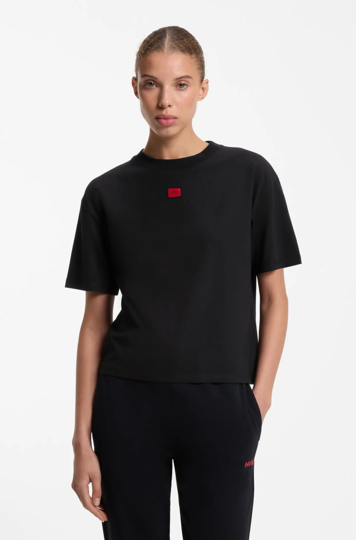 Loungewear-T-Shirt aus Stretch-Gewebe mit Logo-Label