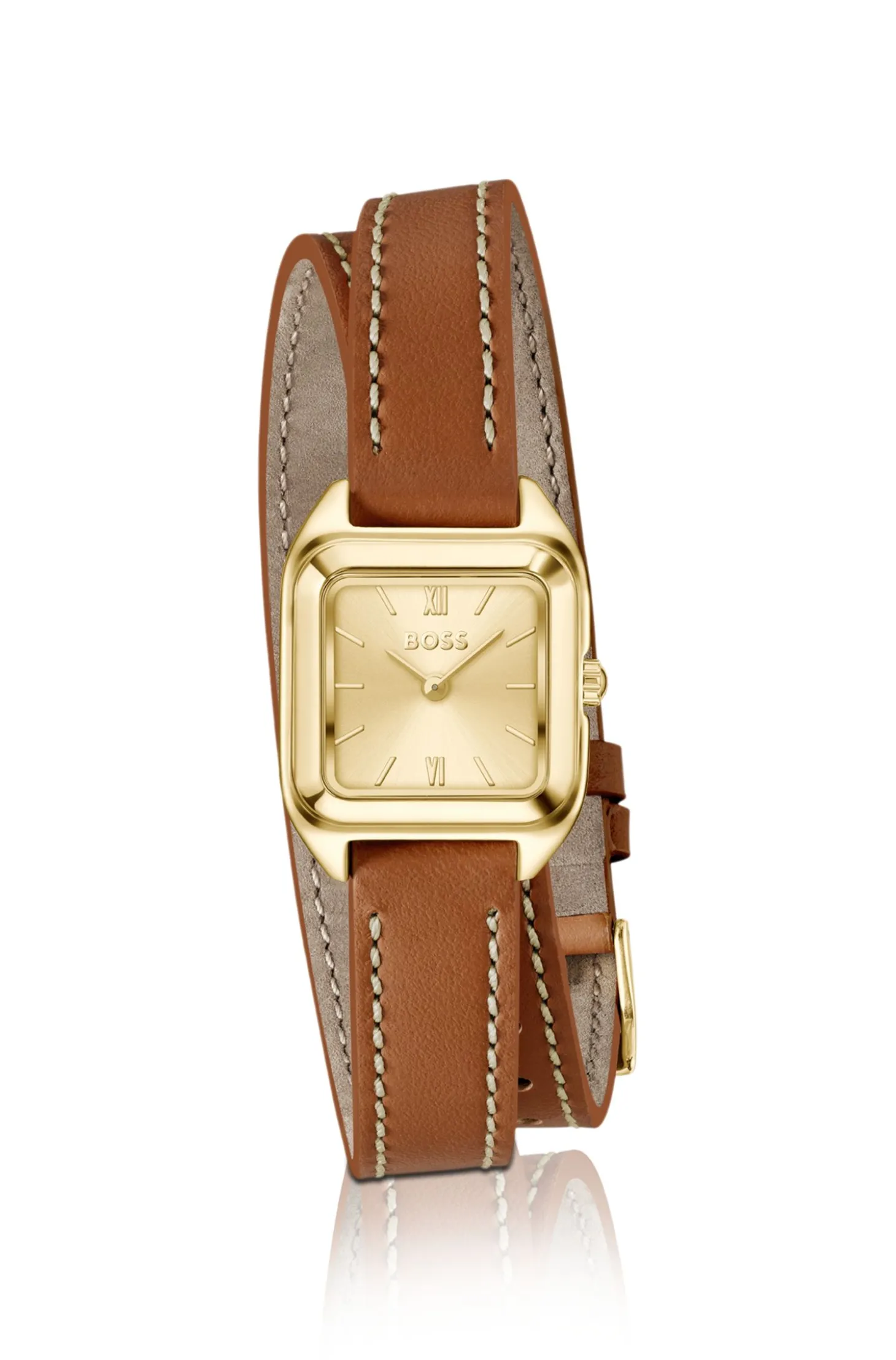 Mae Petite goldene Uhr mit doppelt gewickeltem Lederarmband