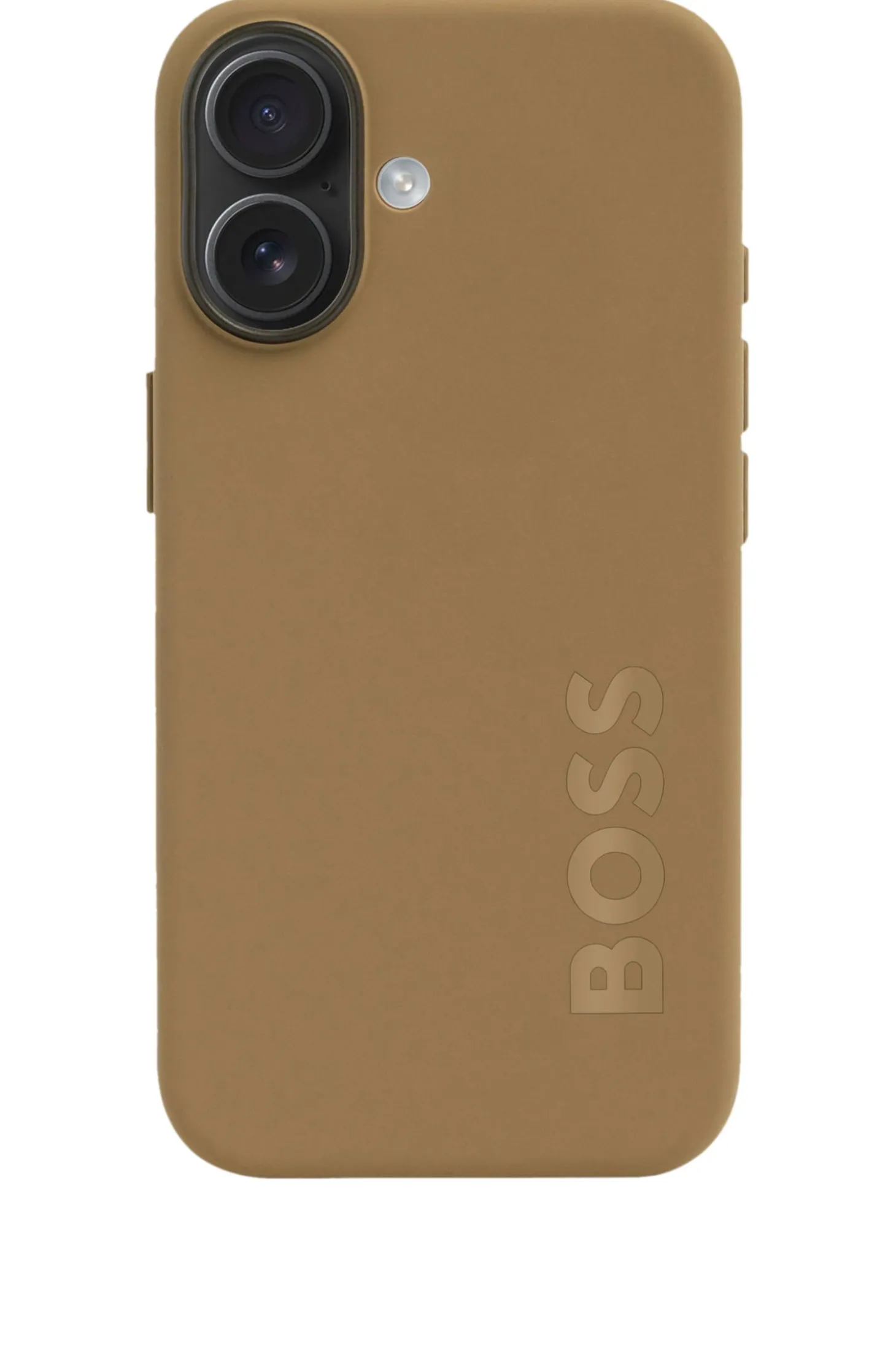 Matte camelfarbene iPhone 16 Hülle mit Logo-Prägung