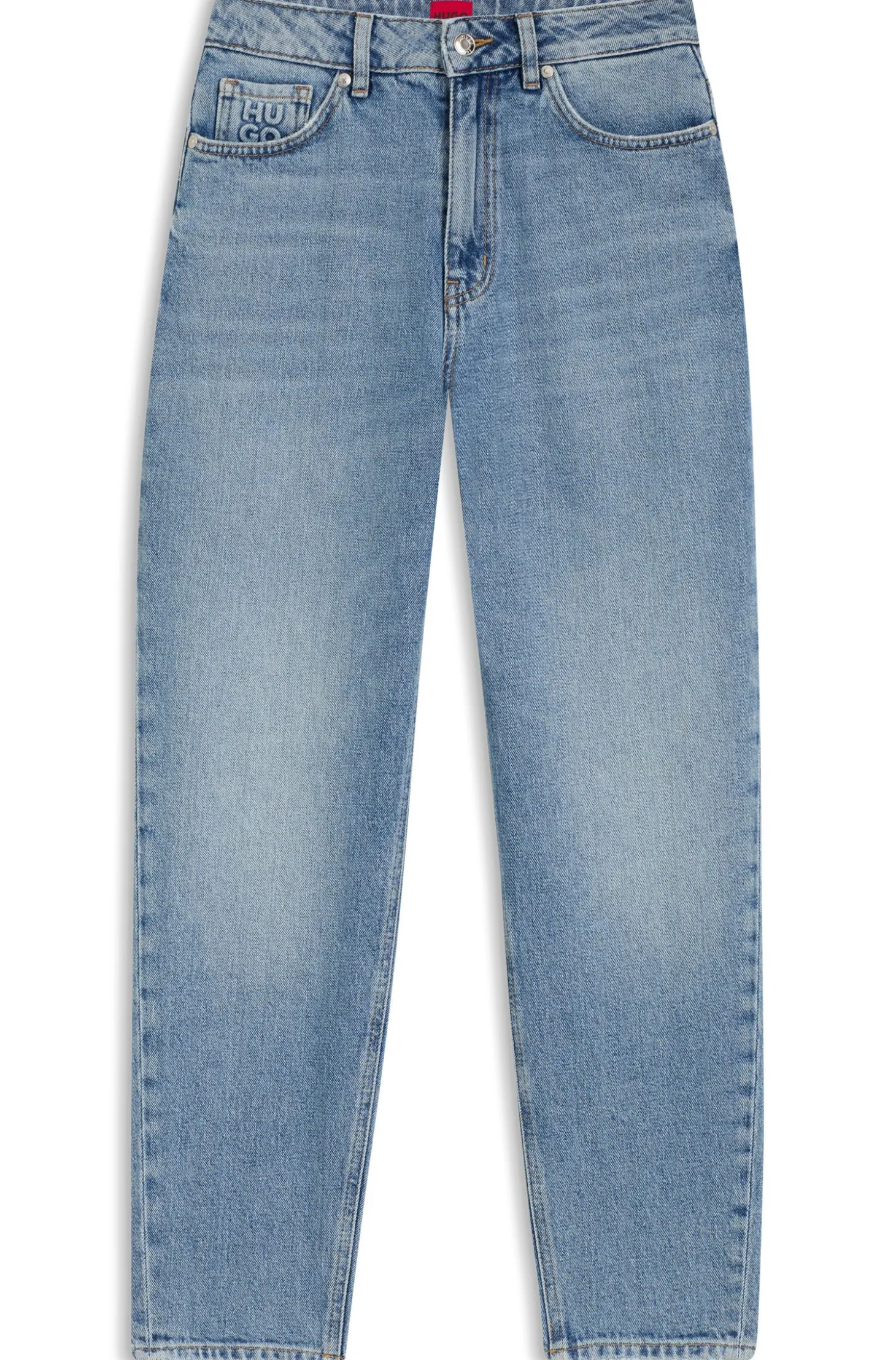 Mom-Fit Jeans aus blauem Stretch-Denim mit Prägung an der Tasche