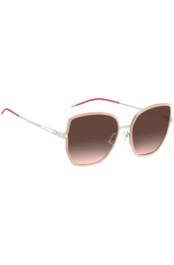 Nudefarbene Sonnenbrille mit geteilten Bügeln und Logo-Kette