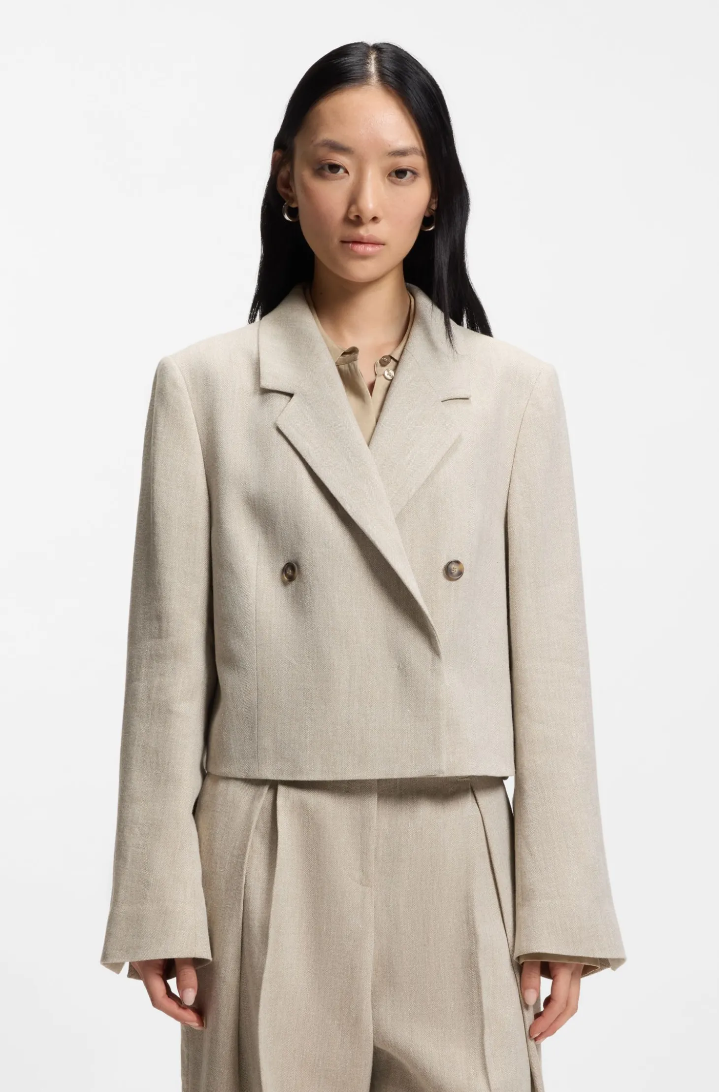 Oversized Blazer aus Fischgrät-Leinen-Mix