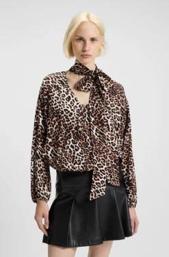 Oversized Bluse mit Leoparden-Print und Schleifenkragen