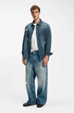 Oversized-Fit Overshirt aus Denim mit Farbspritzern