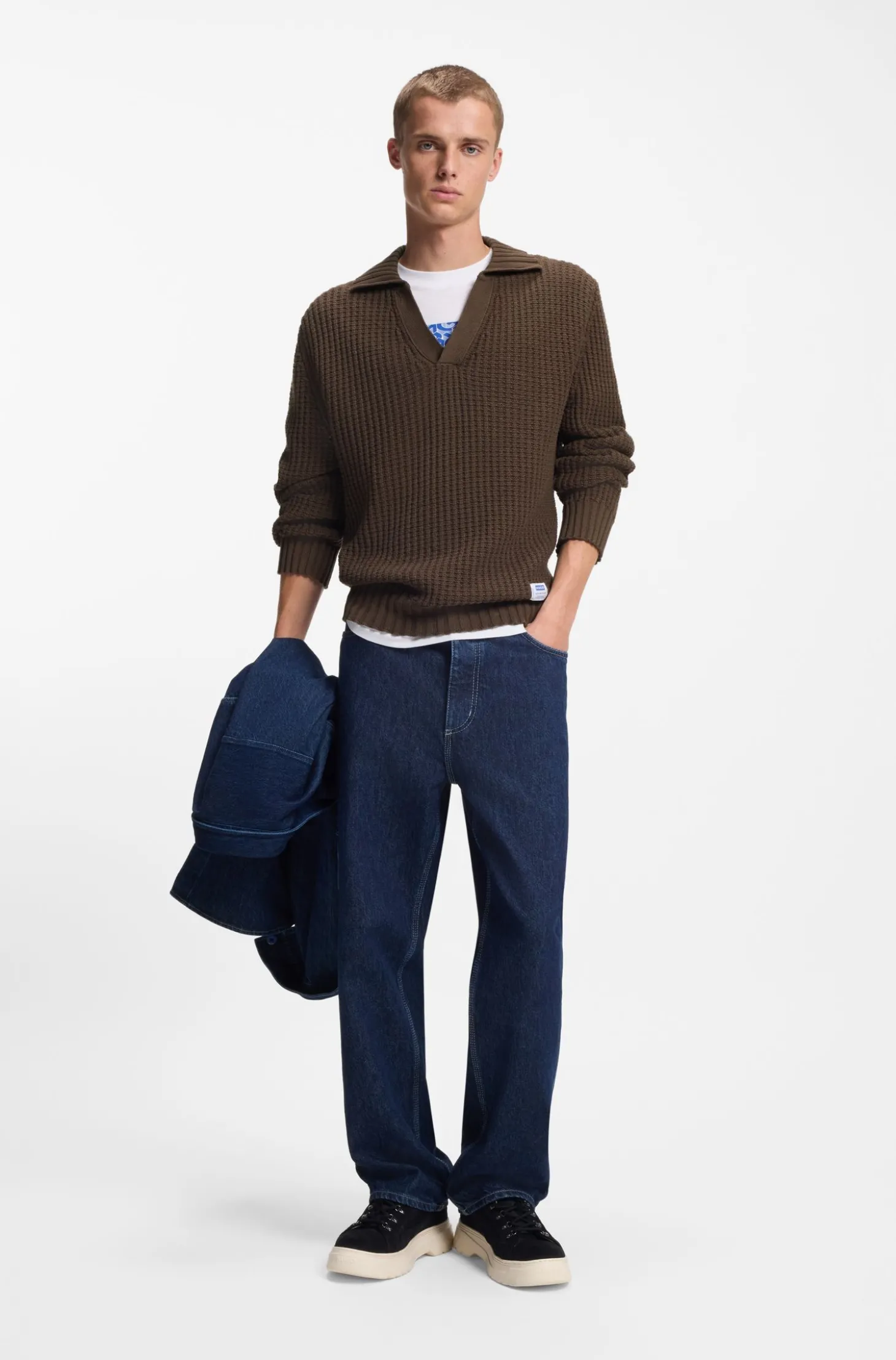 Oversized Pullover mit Waffelstruktur und Johnny-Kragen