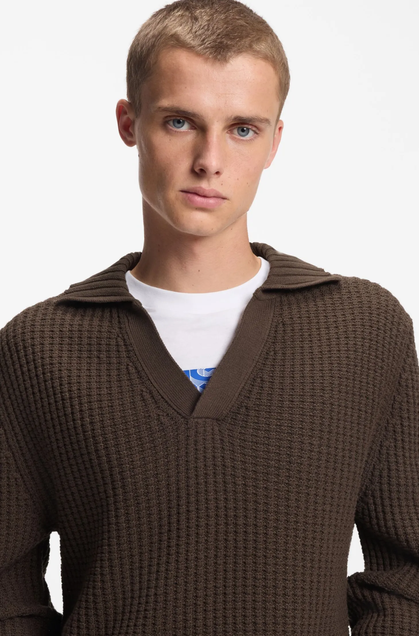 Oversized Pullover mit Waffelstruktur und Johnny-Kragen
