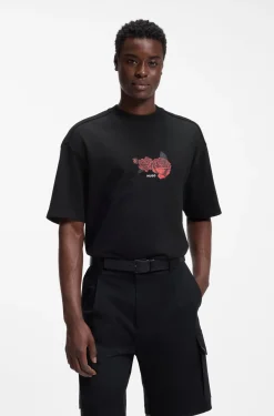 Oversized T-Shirt aus Baumwolle mit Rosen-Grafik im Biker-Stil