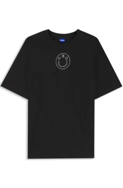 Oversized T-Shirt aus Baumwolle mit Happy HUGO Logo aus Strass