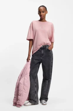 Oversized T-Shirt aus Baumwolle mit Happy HUGO Logo aus Strass