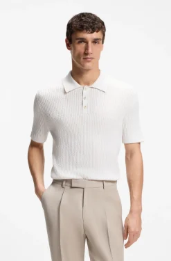 Polo-Pullover aus Baumwolle mit Kaschmir und Zopfmuster