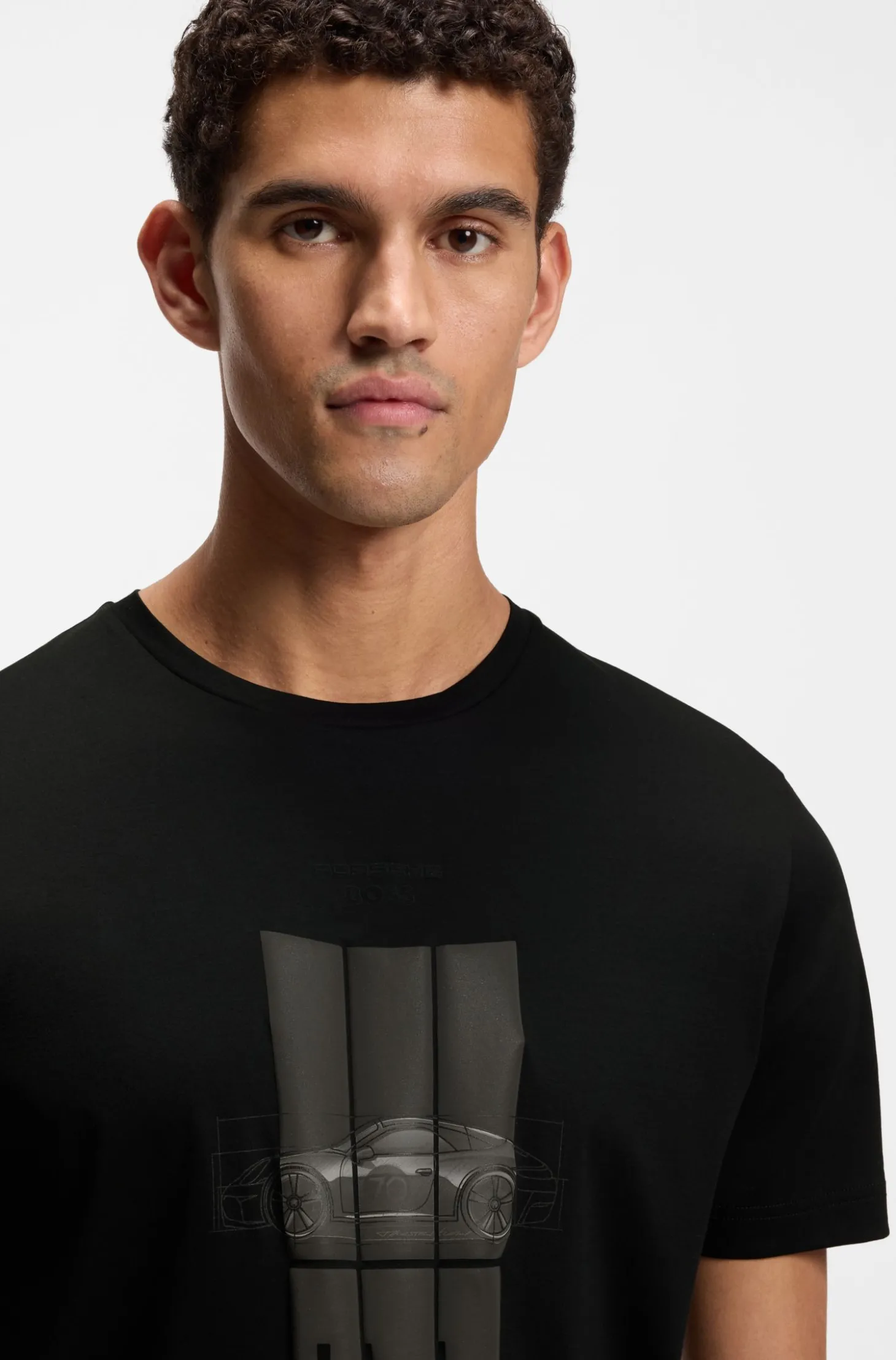 Porsche x BOSS T-Shirt aus merzerisierter Baumwolle mit reflektierendem Grafik-Print