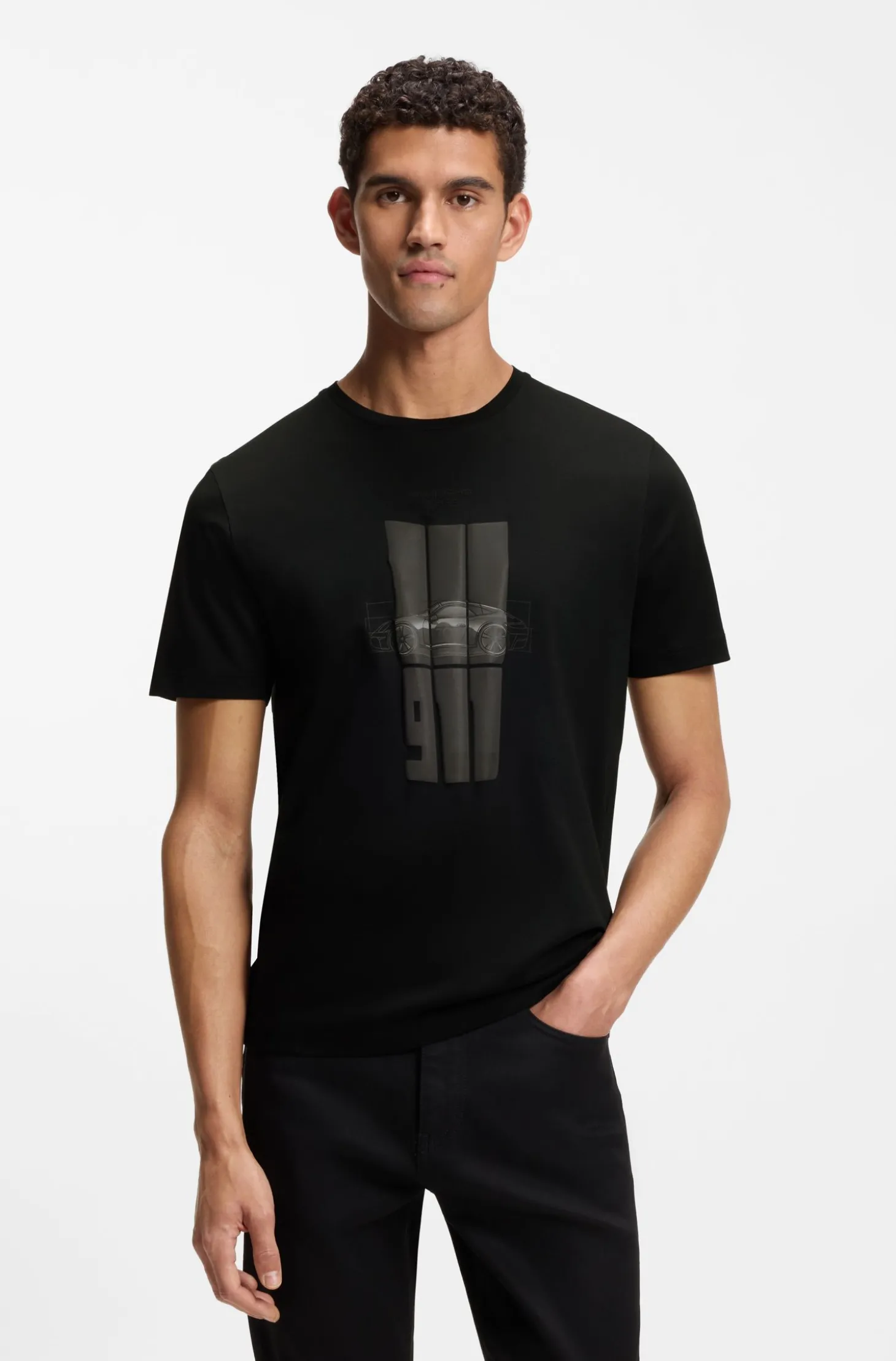 Porsche x BOSS T-Shirt aus merzerisierter Baumwolle mit reflektierendem Grafik-Print