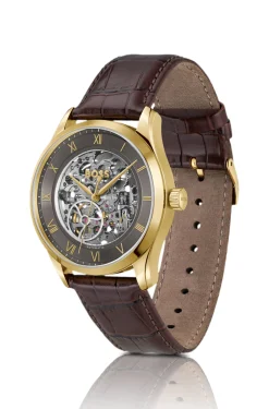 PRINCIPLE SKELETON Goldfarbene Automatikuhr mit sichtbarem Uhrwerk