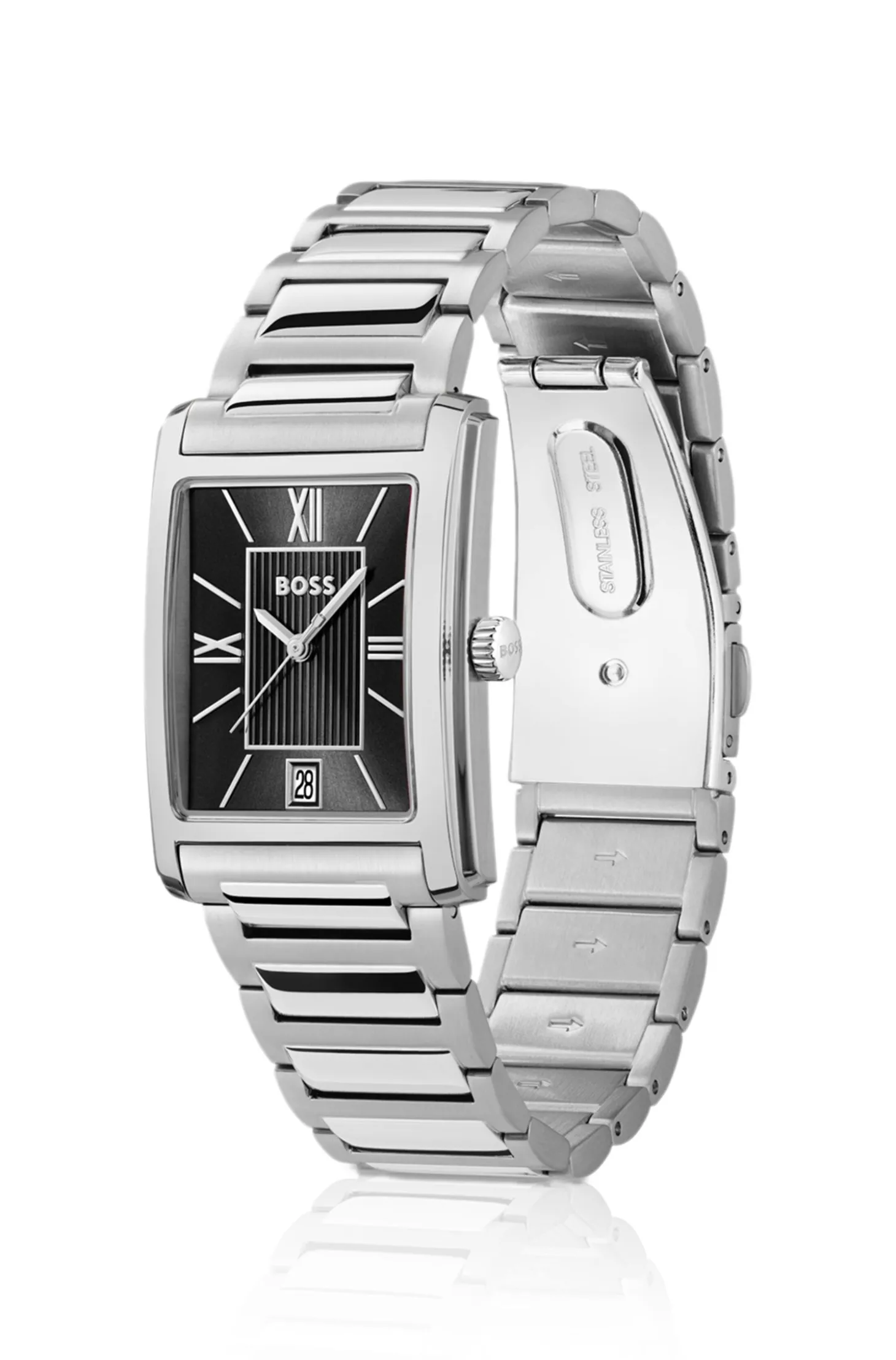 Principle Uhr mit schwarzem Zifferblatt und H-Gliederarmband