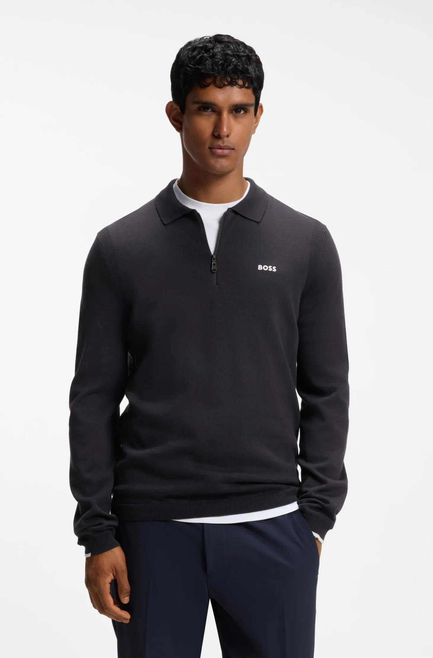 Pullover aus Baumwolle mit Troyerkragen und Kontrast-Logo