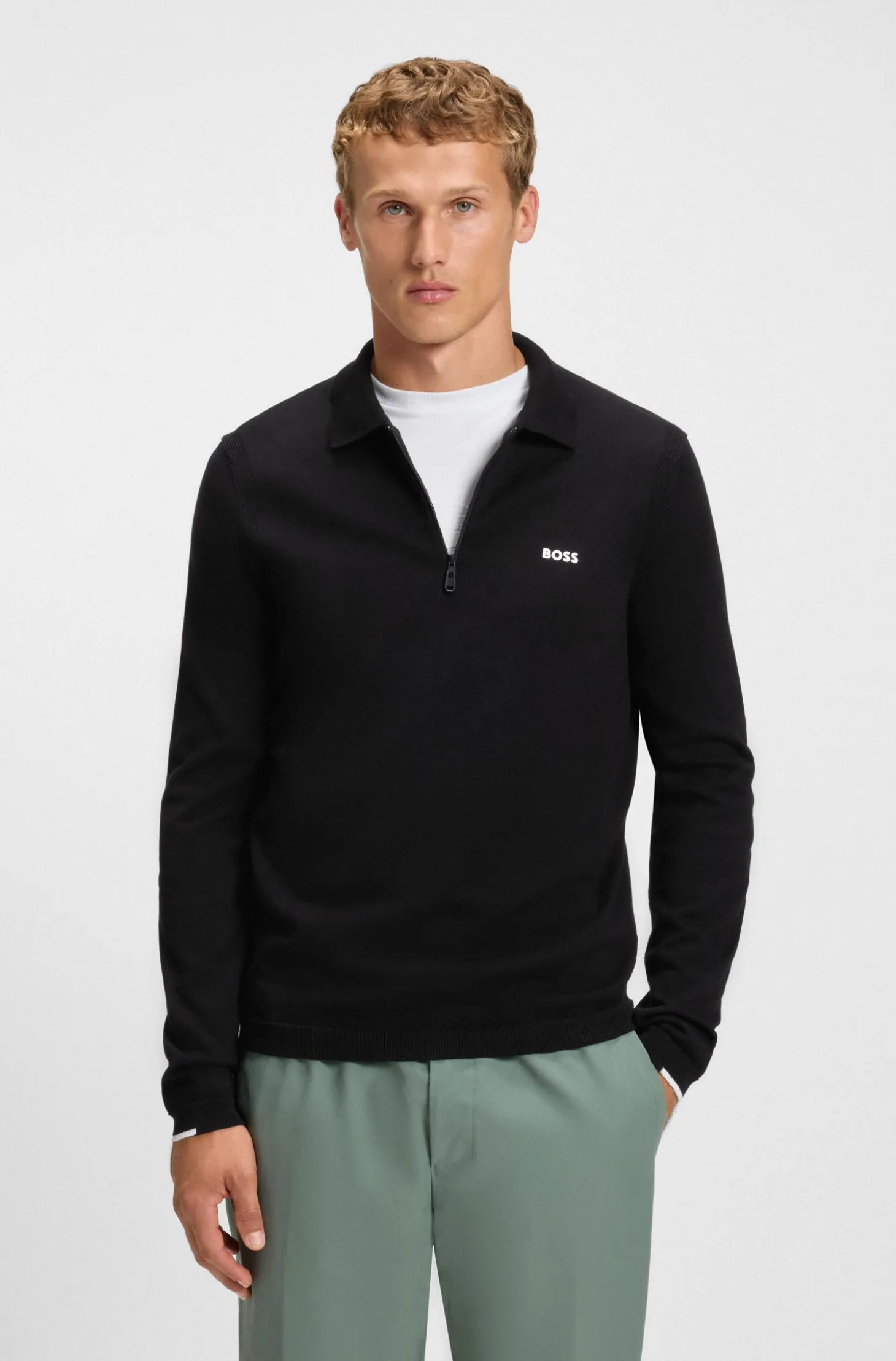 Pullover aus Baumwolle mit Troyerkragen und Kontrast-Logo